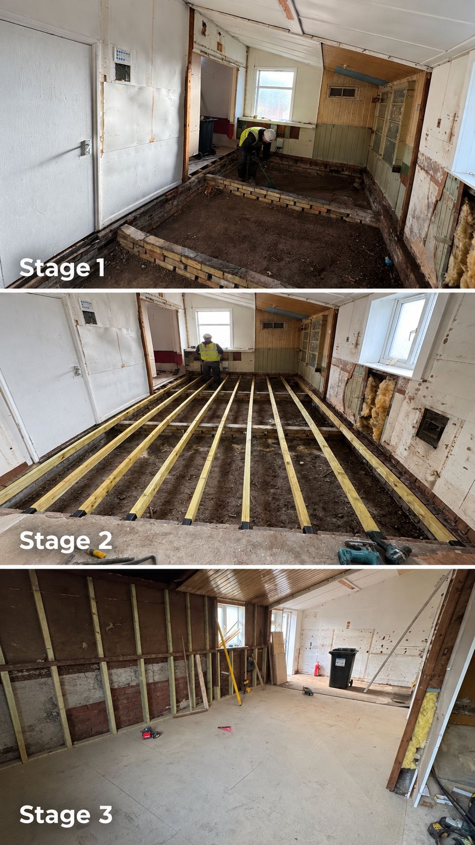 Floorboards and subfloor repair shown in three stages
