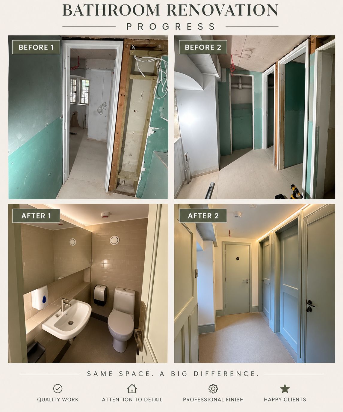 Bathroom renovation stages and finished room