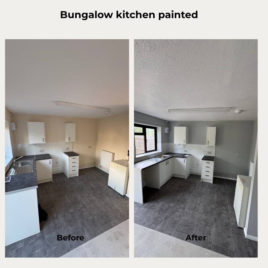 Bungalow kitchen painting, before and after